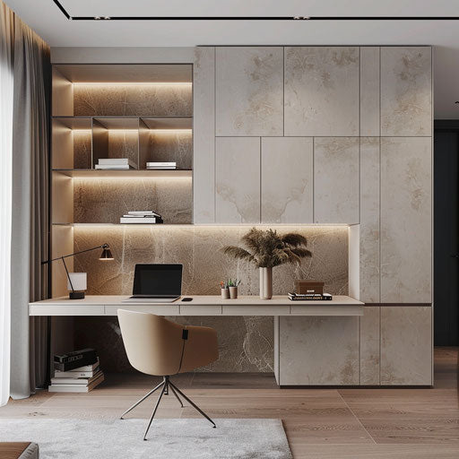 Minimalist home office with white and beige tones