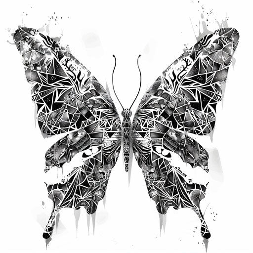 Enchanting geometric tattoo pattern of a butterfly with kaleidoscopic wings, detailed intricately on white