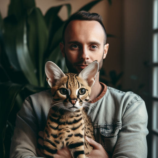 A serval cat being held by its owner