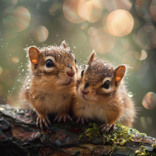 Chipmunks with dewdrops on their fur, soft and gentle
