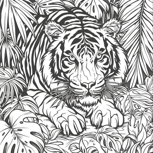Majestic tiger in lush jungle with whimsical plants