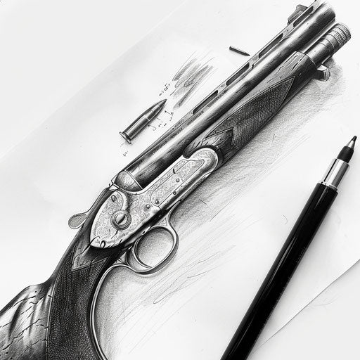 Hyper-realistic tattoo sketch of a shotgun, with exceptional detail on metal texture and wood grain, on white