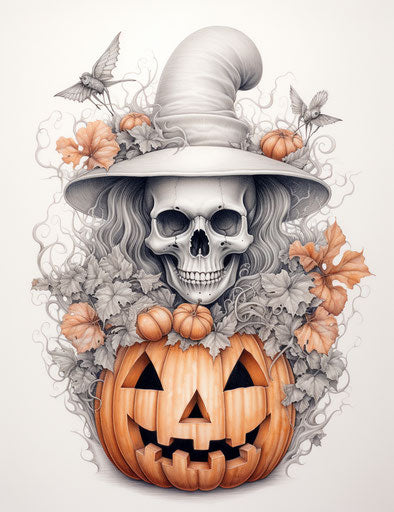 Sketch of pumpkin with Halloween painting and bats in witch hat