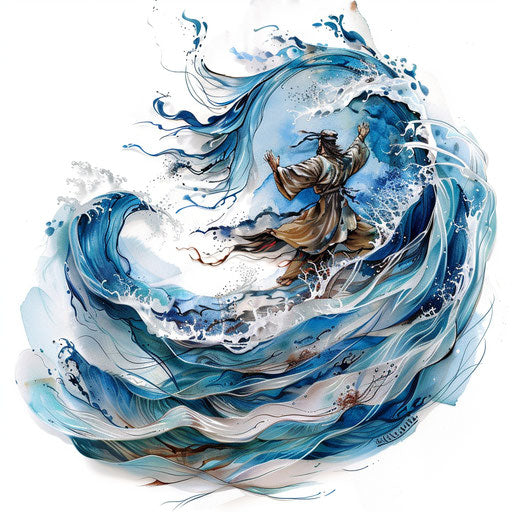 Artistic tattoo of Moses parting the Red Sea with swirling waves