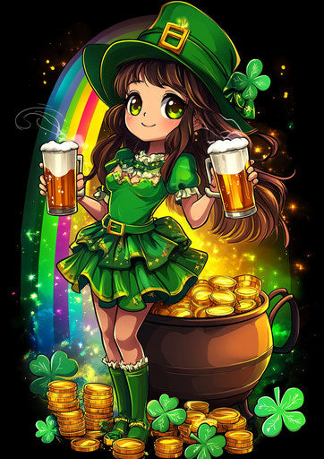 Anime girl in green with beer and shamrocks on black background