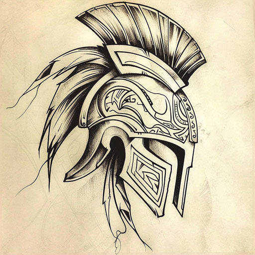 Tribal-inspired spartan helmet tattoo sketch