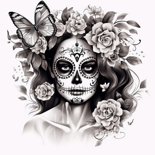 Woman with sugar skull tattoo, pointillist style