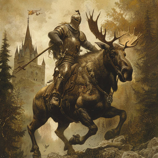 Knight riding a battle-ready moose into a medieval scene