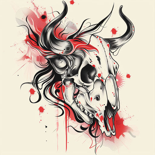 Artistic tattoo sketch of cow skull with abstract swirls and vivid red accents