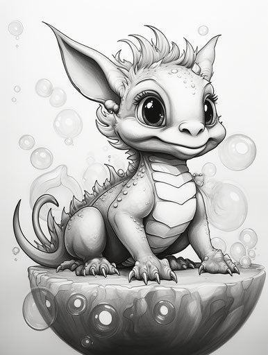 Sweet dragon on foam bubble, meticulous inking style