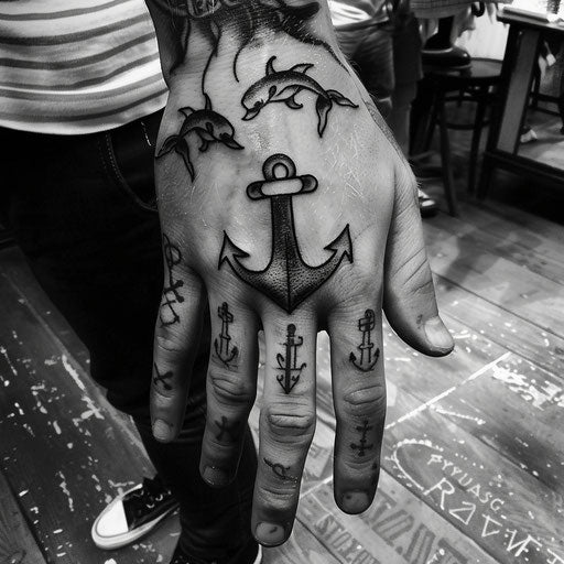 Hand tattoo for men with classic anchors and swallows