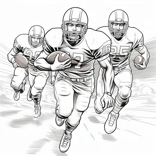 Running football players coloring pages for kids, captivating realism