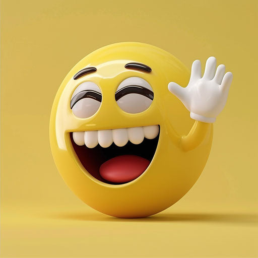 Laughing and waving with one hand