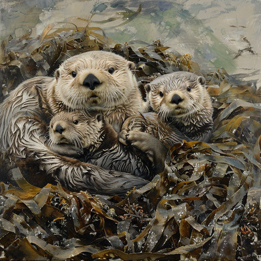 A family of sea otters nestled in a bed of seaweed, illustrating their impact on marine biodiversity