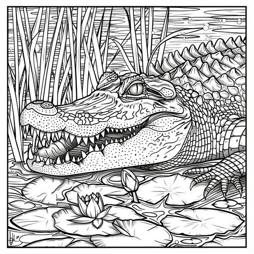 Alligator swimming in a swamp with lily pads and reeds