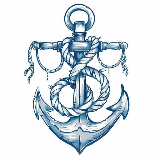 Flat tattoo sketch of anchor and rope in navy blue and white
