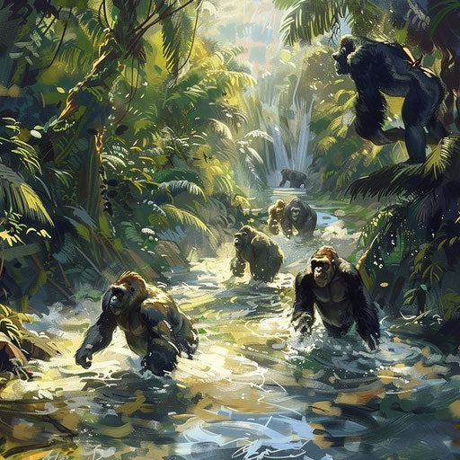Gorillas navigating river crossing carefully