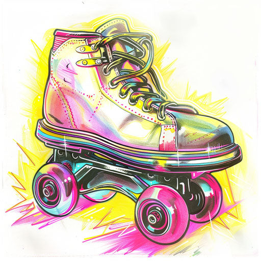 Vibrant tattoo sketch of a neon roller skate with pink and yellow highlights