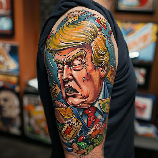 Men's tattoo with political satire