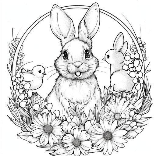 A joyful Easter bunny surrounded by a circle of flowers and happy chicks