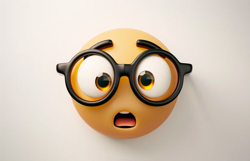 Shocked emoji face with glasses on white background