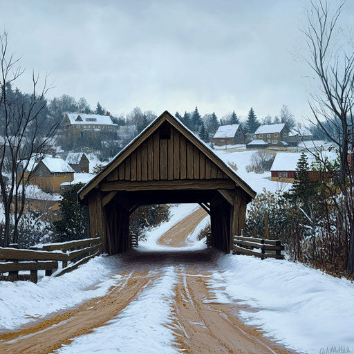 Wooden covered bridge in winter, snow on ground and road, farm buildings behind, small town in background