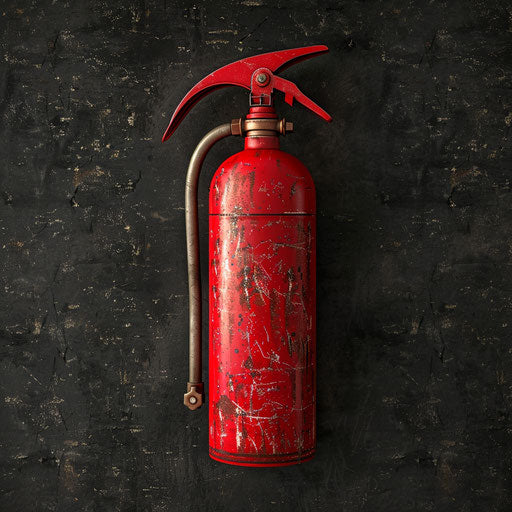 Illustration of a fire extinguisher rendered in a realistic style on a dark charcoal background, accentuating dramatic contrast and intricate detail