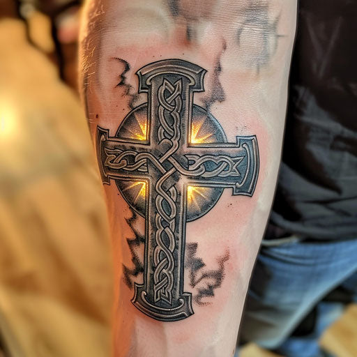 Celtic cross illuminated with glow effect on white background