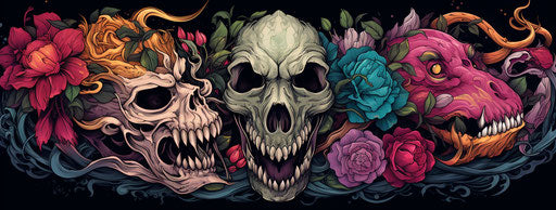 Japanese tattoo design, Chinese lion skull, dragons, and flowers