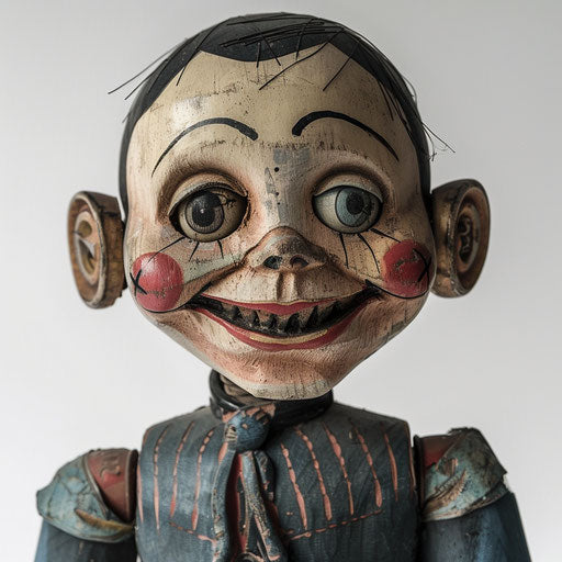 Creepy ventriloquist dummy with a sinister smile, horror tattoo on a stark white background.