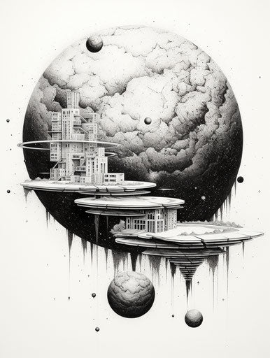 Island with planet and spacecraft, beauty folded in angular geometry