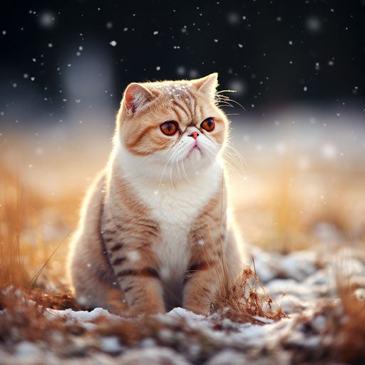 Exotic shorthair cat in a snow-covered field