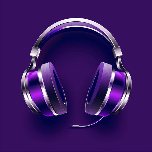 Audio logo in purple and silver with a bold background