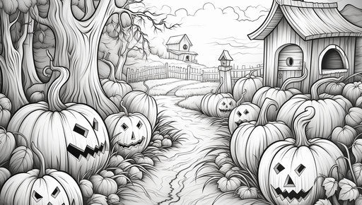 Halloween coloring pages with pumpkins and jack olanterns, lush landscape style