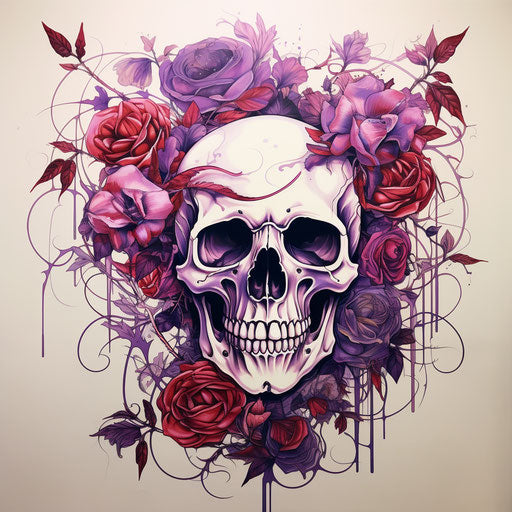 Skull and rose tattoo with floral designs