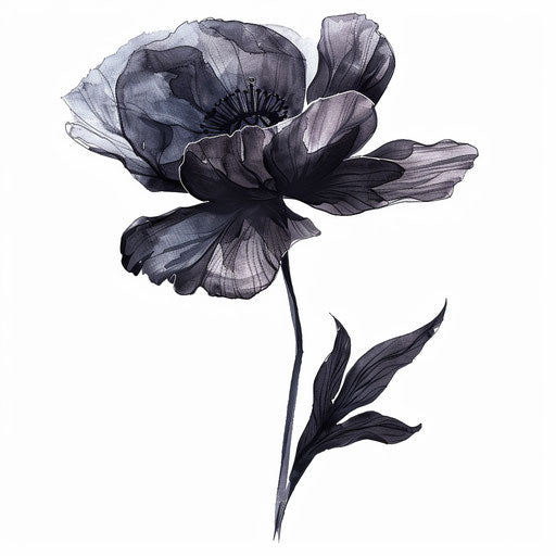 Poppy tattoo design in blackwork style on white background