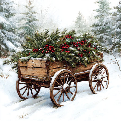 Wooden wagon with green branches and red berries in the snow