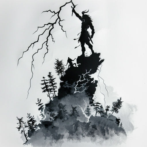 Zeus with lightning on Mount Olympus with pantheon of gods in silhouette