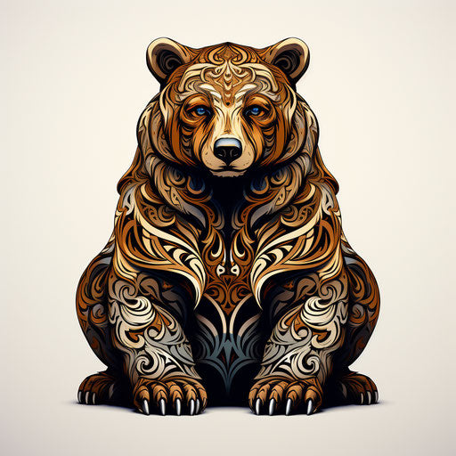 Brown bear on tribal pattern and ornament, intricate dotwork style