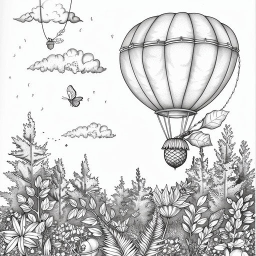 A whimsical acorn balloon hovering above a forest