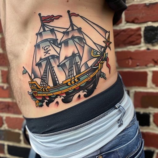 Rib tattoos of a pirate ship, Sailor Jerry style