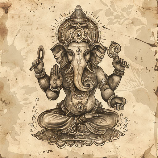Nostalgic tattoo sketch of Ganesha, clipart style with sepia tones and vintage charm