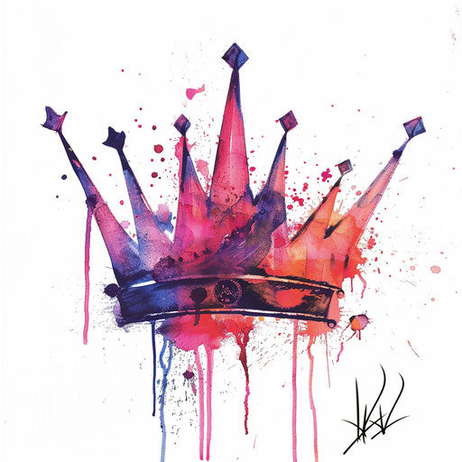 Contemporary queen crown tattoo design with abstract colorful brush strokes on white background