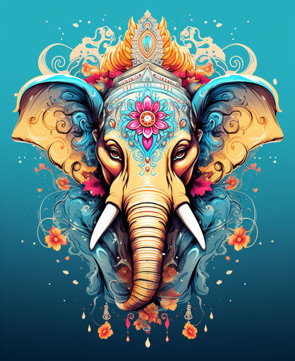 Elephant in Indian style with traditional headdress, strong facial expression