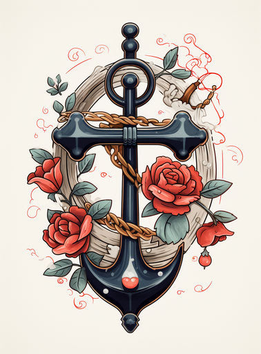 Anchor cross tattoo with red heart, Mexican folklore-inspired style, dark white and black, 1900–1917, animecore, flat brushwork, dansaekhwa, symbolic images