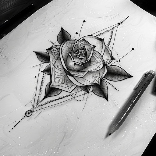 Contemporary flat tattoo sketch of a gypsy rose with minimalist black and white contrasts