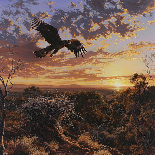 Eagle returning with food to nest at twilight