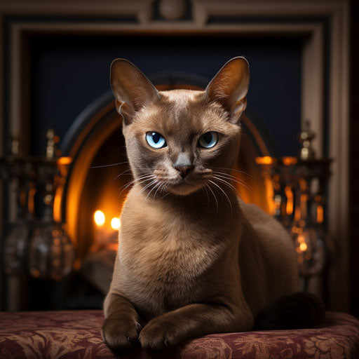 Burmese cat in front of a fire in a fireplace