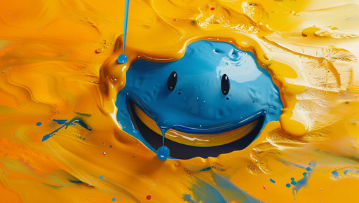 Blue smiley face with tear streak, lively action poses