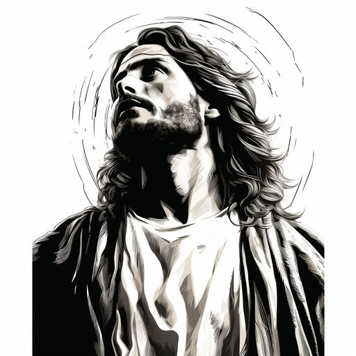 Black and white Jesus cross with strong facial expression